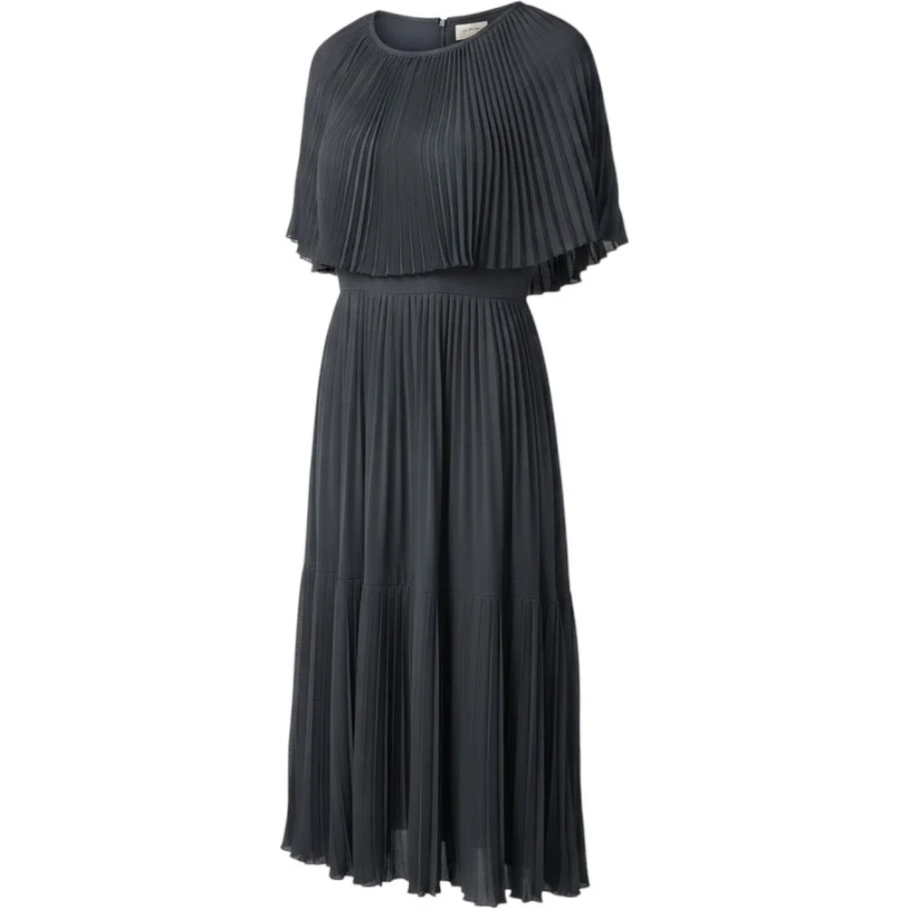 Kate Spade New York Pleated Capelet Midi Dress Grey Size 8 Sunburst Pleat Tiered